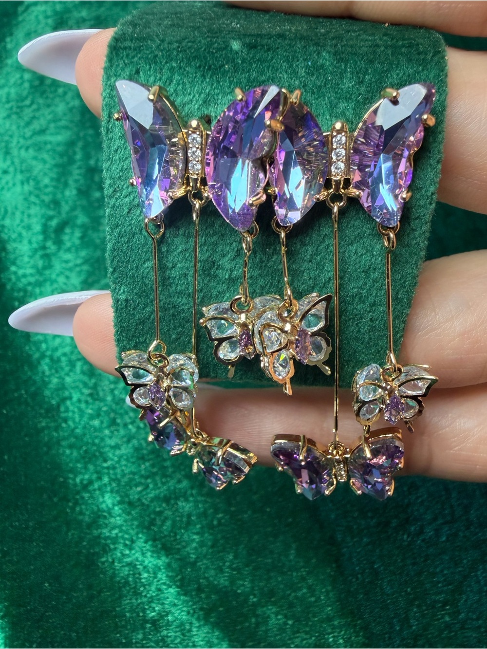 14K Gold Plated Butterfly Drop Earrings with Purple Crystal